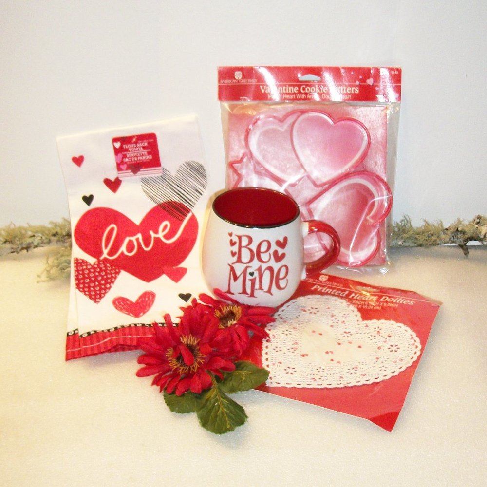 Valentine LOVE Bundle Be Mine Mug Heart Cookie Cutters Heart Doily & Love Towel